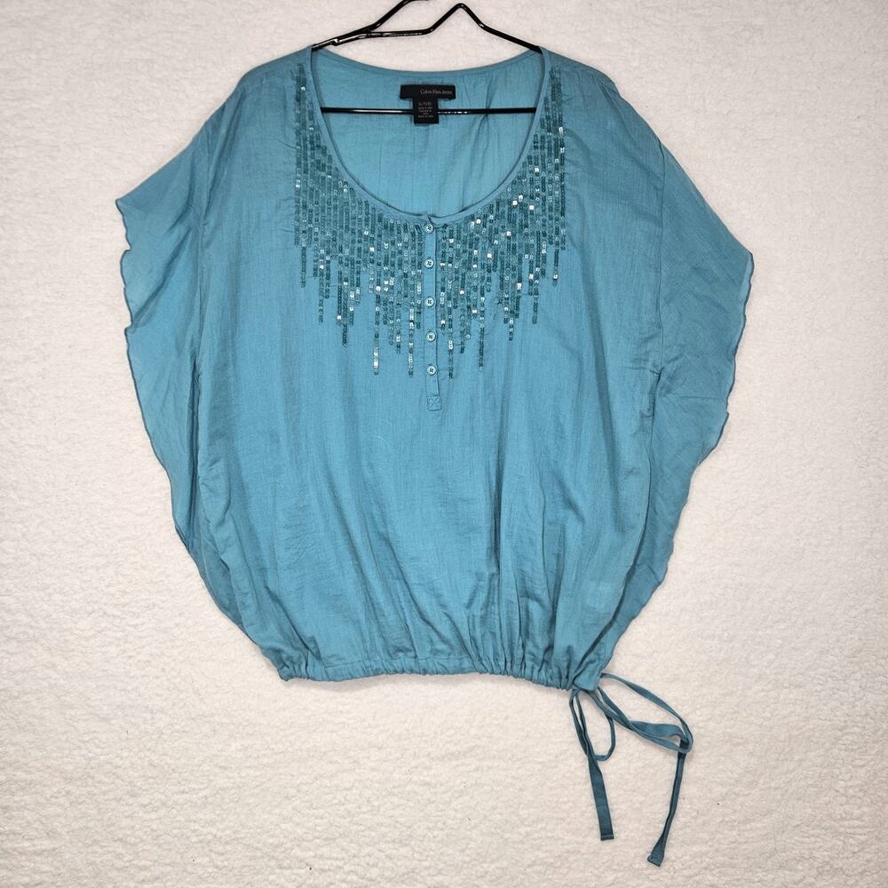 Calvin Klein Jeans Blue Sequins Beaded Dolman Scoop Neck Blouse Womens XL Boho